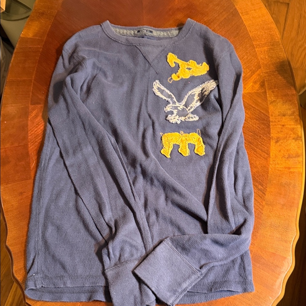 American Eagle Outfitters Blue Long Sleeve Tee with Yellow Accents